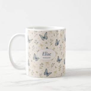 Mug Nom personnalisé Papillon Bleu Ruban Floral Vintag