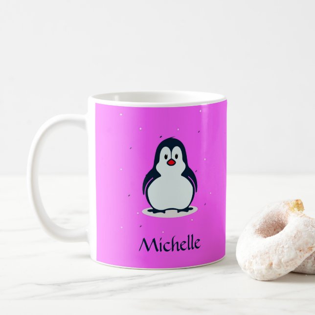 Mug Nom personnalisé pingouin mignon sur rose (Avec donut)