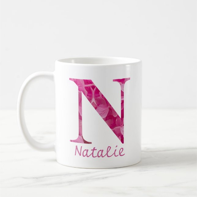 Mug Nom personnalisé Pink Floral Alphabet Lettre "N" M (Gauche)