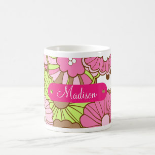 Mug Nom personnalisé Pink Green Flowers Motif