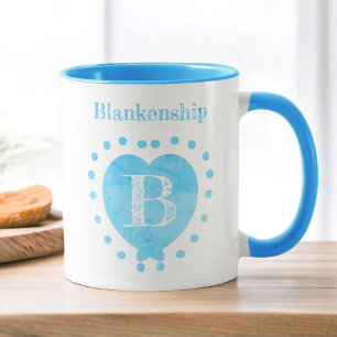 Mug Nom personnalisé Pointe Polka initiale Coeur bleu