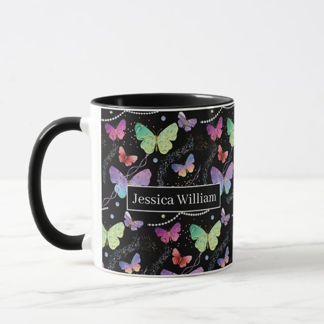 Mug Nom personnel Élégant Papillons violets brillants (Gauche)