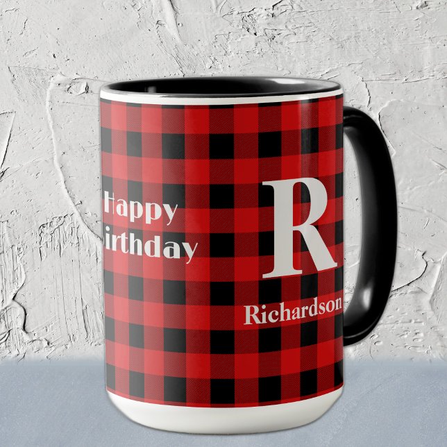 Mug Nom sur Red & Black Buffalo Check, Joyeux annivers (Créateur téléchargé)