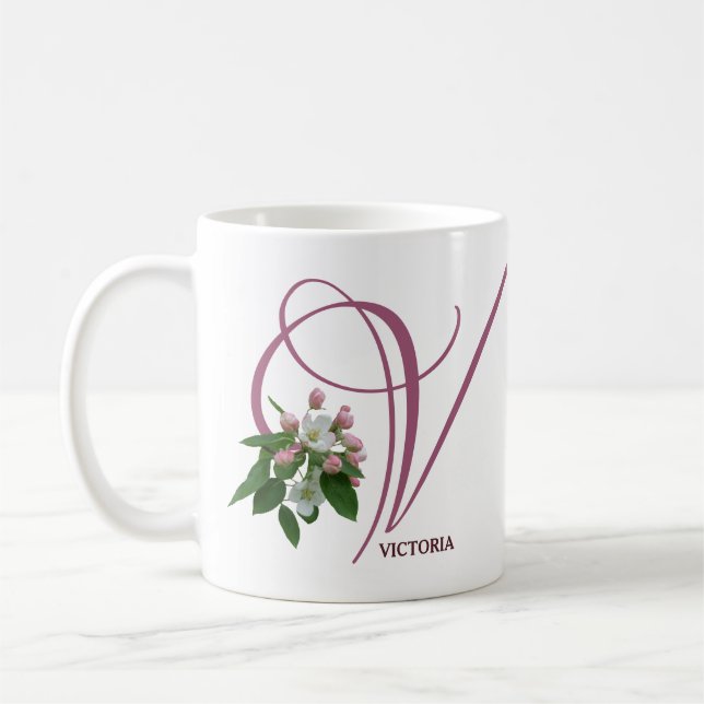 Mug Nom Victoria personnalisable monogramme rose flora (Gauche)