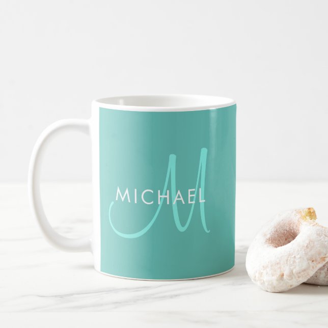 Mug Noms de monogramme initial Modèle blanc Turquoise  (Avec donut)