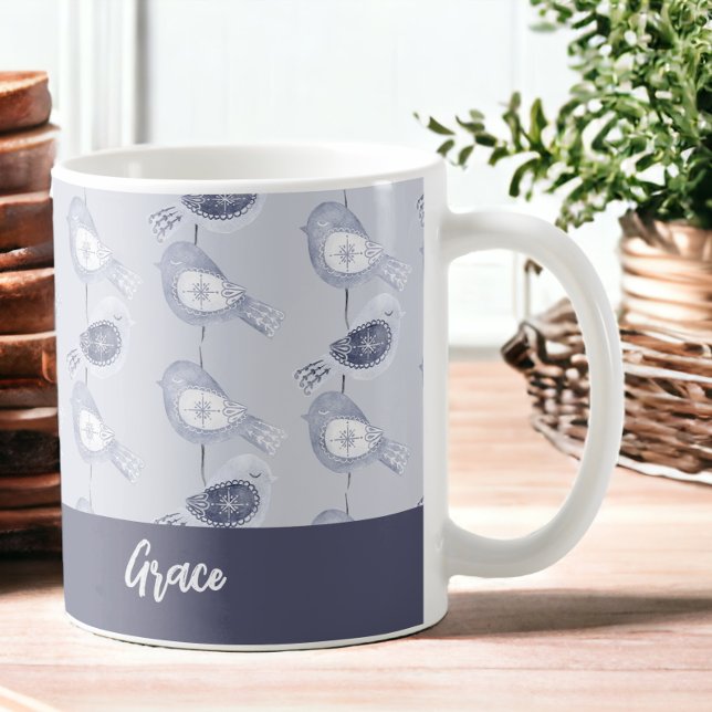 Mug Nordique Noël Blue Birds Personnalisé (Nordic Christmas Blue Birds Personalized Coffee Mugs from Ricaso)