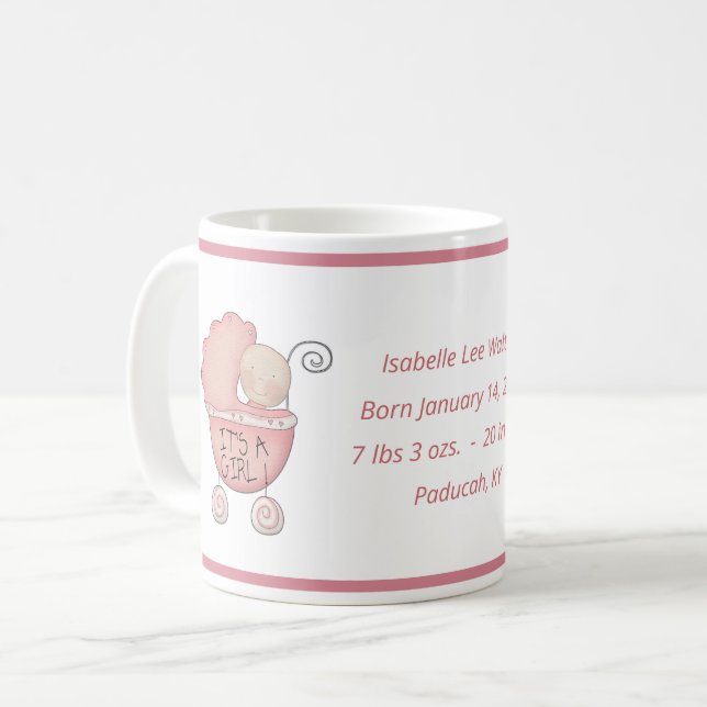 Mug Nouveau bébé fille informations naissance mignonne (Devant gauche)