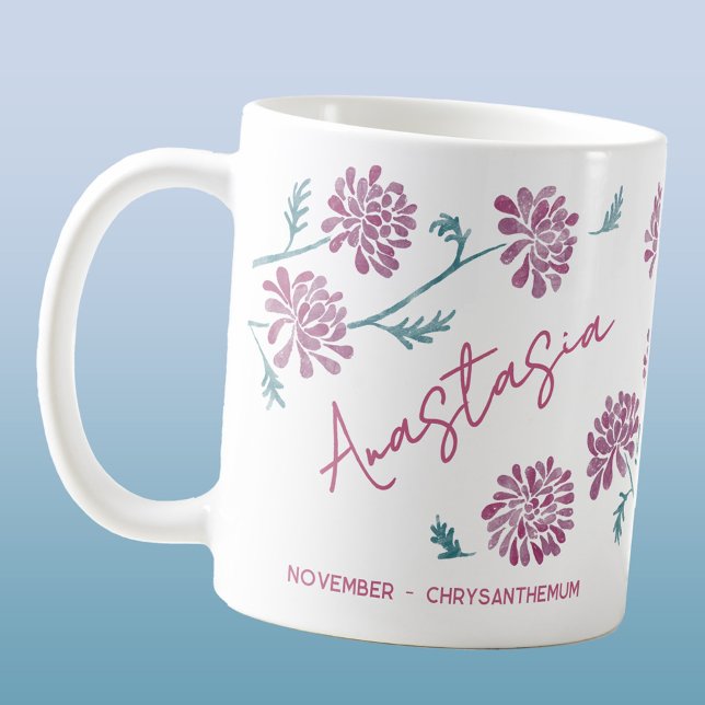 Mug November Birth Flower Custom Name Chrysanthemum (Birth Month Flower November birthday personalized custom name watercolor botanical art coffee mug)
