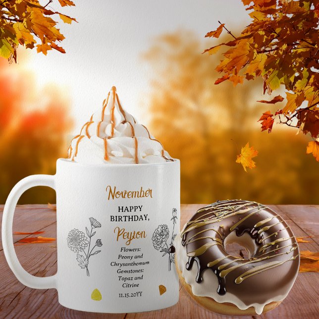 Mug Novembre Chrysanthemum Peony Anniversaire Keepsaké (November Floral and Birthstone Birthday Keepsake Coffee Mug)