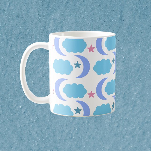 Mug Nuages de lune et étoiles bleu pourpre (A cute mug with moons, clouds and stars in purple, blue and pink)