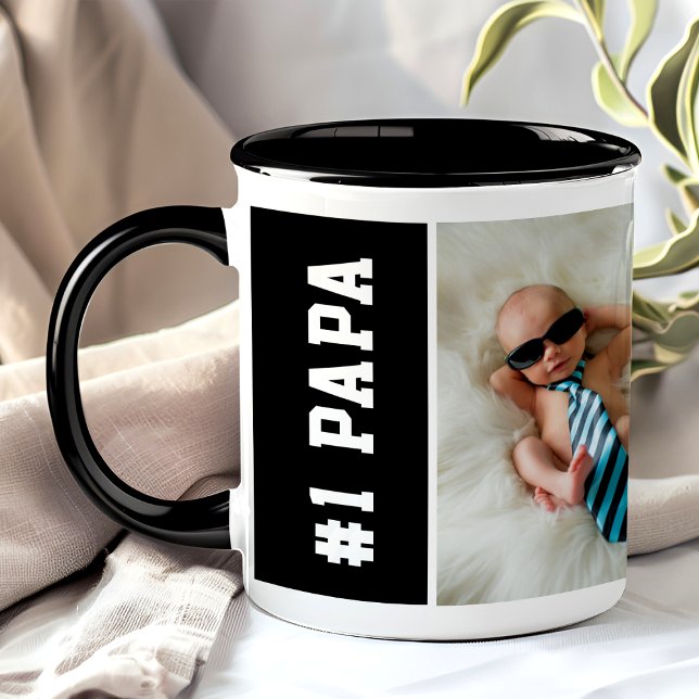 Mug Numéro Un Papa Black Custom 4 Photo Collage (Créateur téléchargé)