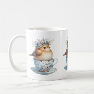 Mug Oiseau bleu mignon avec couronne florale en Teacup