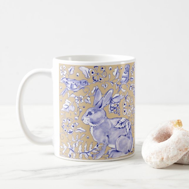 Mug Oiseau de lapin Bleu Tan Élégant nature animale fl (Avec donut)