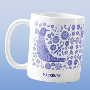 Mug Oiseau scandinave Nom personnalisé Bleu et blanc
