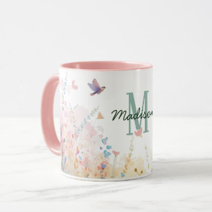 Mug Oiseaux aquarelle printemps monogramme floral Fleu