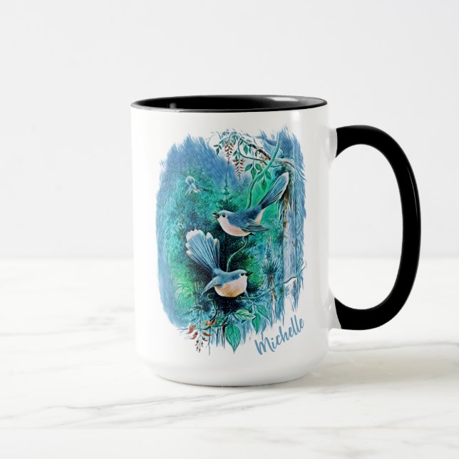 Mug Oiseaux Bleus D'Hiver Peinture Avec Nom (Droite)