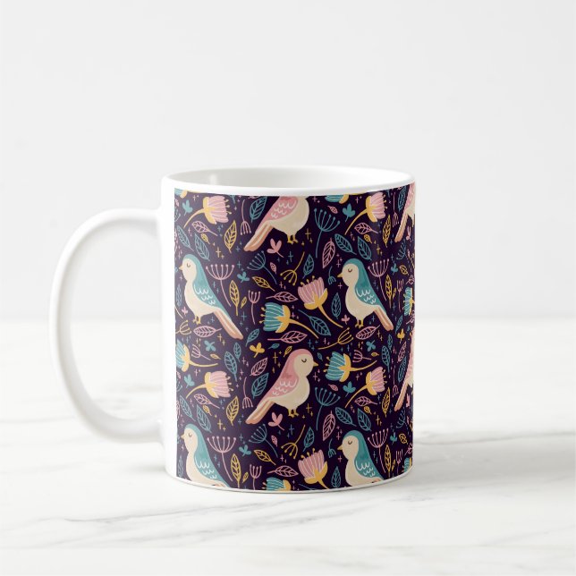Mug Oiseaux bleus et roses avec fleurs et feuilles sur (Gauche)