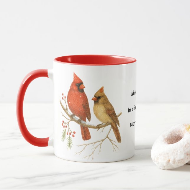Mug Oiseaux cardinaux de Noël Faune des Fêtes  (Avec donut)