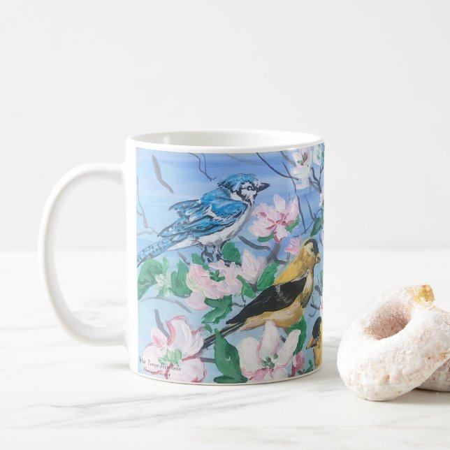 Mug Oiseaux dans le Jardin Blue Jay Yellow finch (Avec donut)