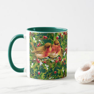 Mug Oiseaux de Noël Vintage Holly Faux Motif d'or