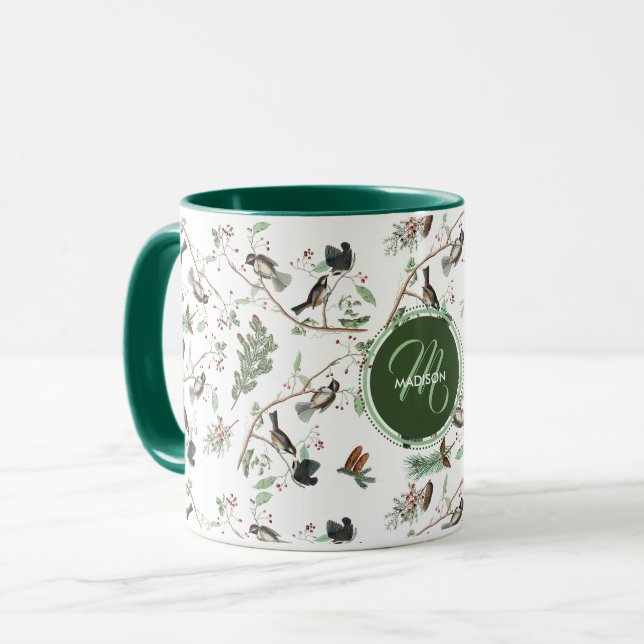 Mug Oiseaux de poulet Berries et Pinecones Monogrammes (Devant gauche)