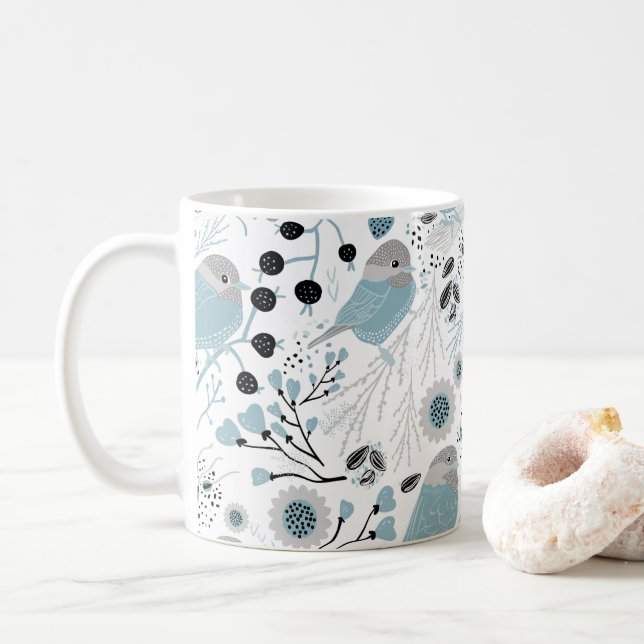 Mug Oiseaux de poulet Fleurs gris bleu mignonnes Berri (Avec donut)