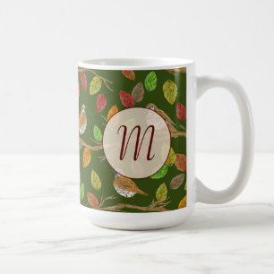 Mug Oiseaux et feuilles d'automne monogramme initial p