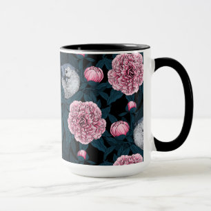 Mug Oiseaux et fleurs de pivoines roses avec feuille