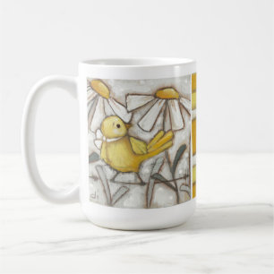 Mug Oiseaux et fleurs - oiseau et rayures jaunes