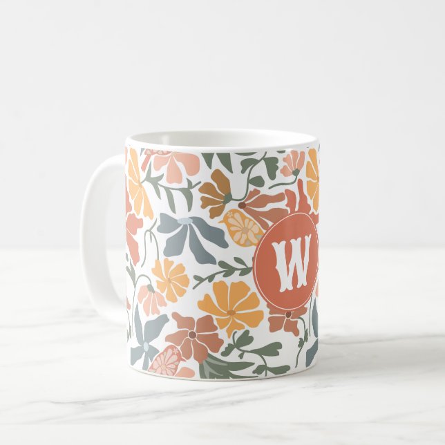Mug Oiseaux floraux Abstraits Mi-Siècle Monogramme mod (Devant gauche)