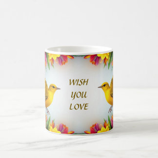 Mug Oiseaux jaunes brillants dans un cadre floral vibr