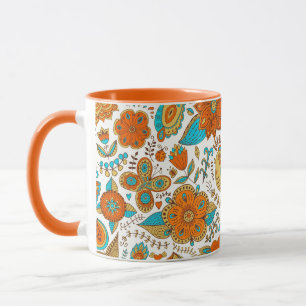 Mug Oiseaux rétro colorés Fleurs et papillons Motif