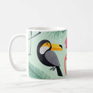 Mug Oiseaux tropicaux, fleurs, motif d'aquarelle.