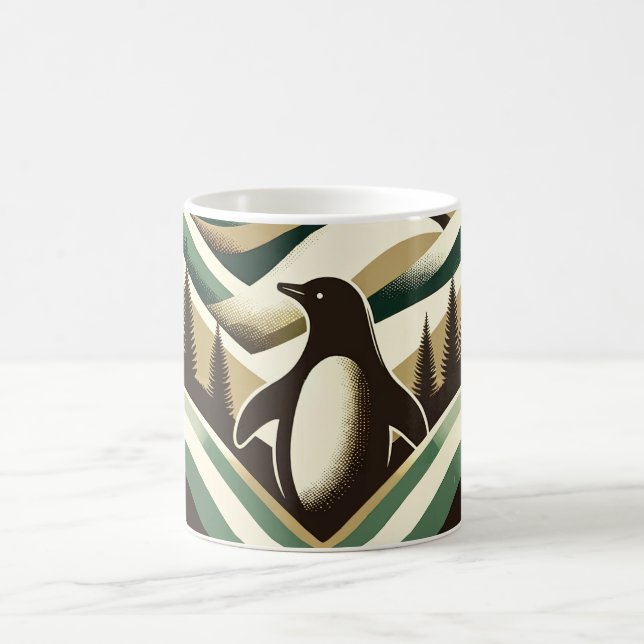 Mug Olive Green Cream Retro Art Déco Waves Penguin (Centre)
