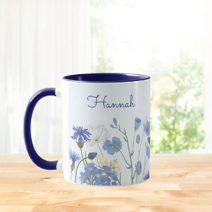 Mug Ombre de Fleur sauvage d'aquarelle bleu monogramme