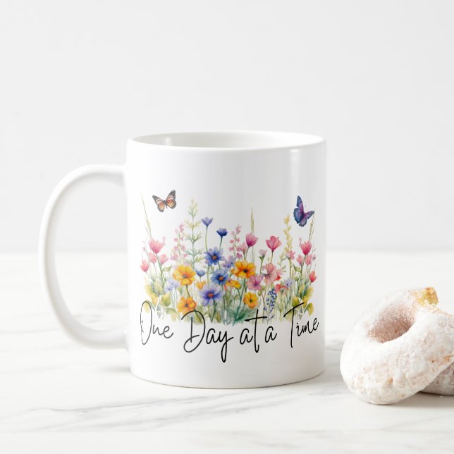 Mug One Day at a Time Inspirational Quote Wildflowers (Avec donut)