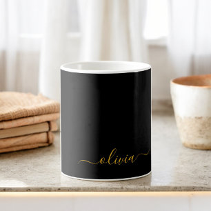 Mug Or Monogramme Moderne Script Fille Or Noir