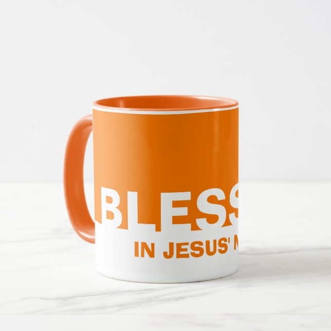 Mug Orange Moderne BÉNÉFICIÉ Dans Le Nom De Jésus Chri (Devant gauche)