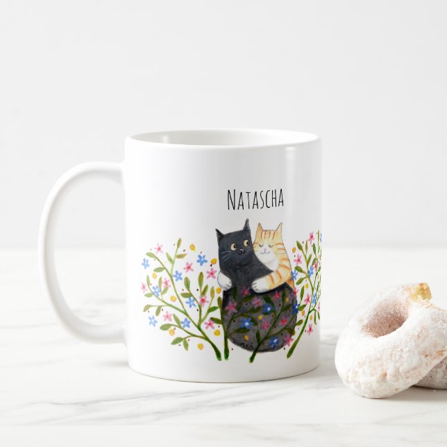 Mug Orange tabby Cat and Black Cat in Flowers Custom (Avec donut)