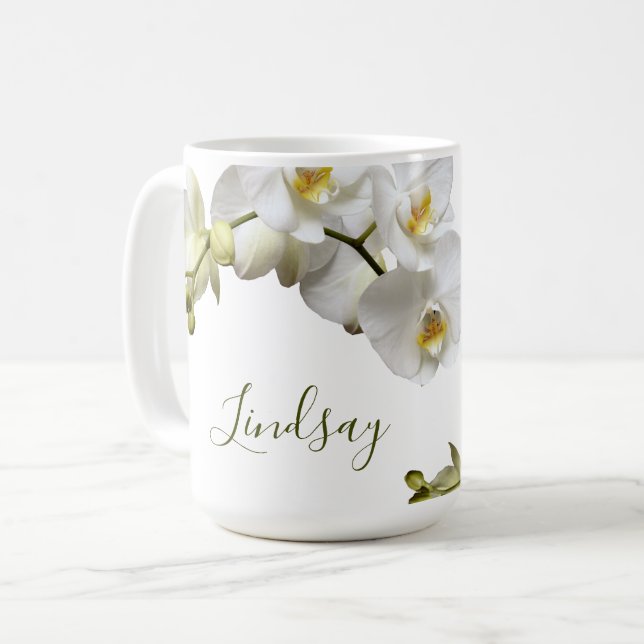 Mug Orchidées blanches Nom Modèle Élégant Boug Cadeau (Devant gauche)