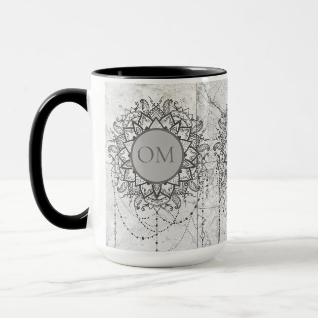 Mug Ornat Lotus OM Mandala sur Marbre Argent (Gauche)