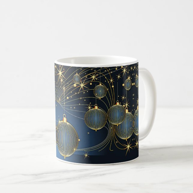 Mug Ornements de Noël doré Marine Bleu (Devant droit)
