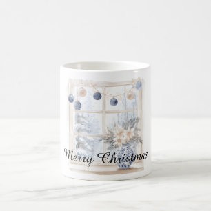 Mug Ornements Fleurs Bleu Crème Noël Arbre Fenêtre