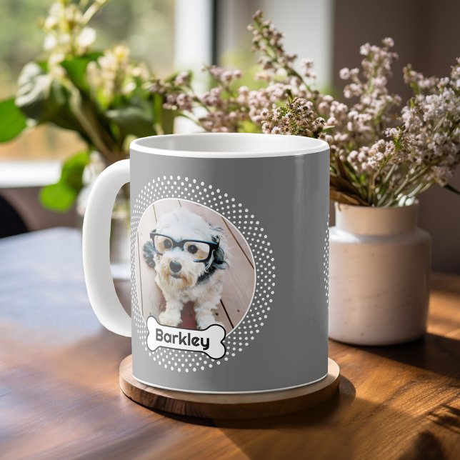 Mug Os de chien et pois gris Poka Dot Animaux de compa (Personalized mug with a photo on each side - pet theme)