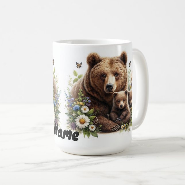 Mug Ours Brown avec des oursons dans une prairie flora (Devant droit)