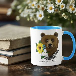 Mug Ours Brun Fleurs Bleues Plume Faune