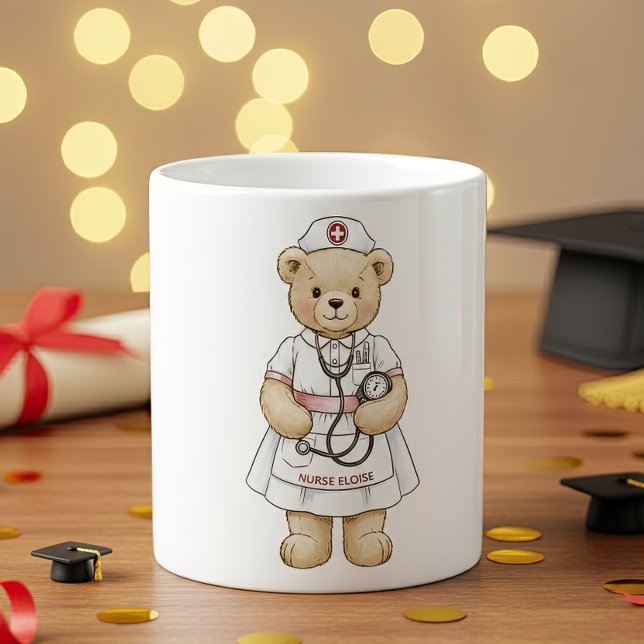 Mug Ours en peluche infirmière – Cadeau avec nom p (Nurse coffee mug with custom name. Appreciation gift for medical staff workers on hospital. )