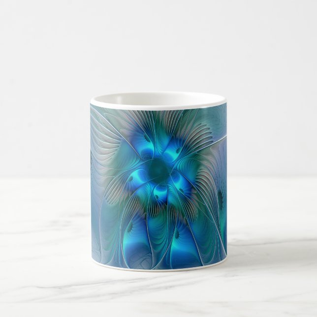 Mug Ovation debout, fractale bleue turquoise abstraite (Centre)