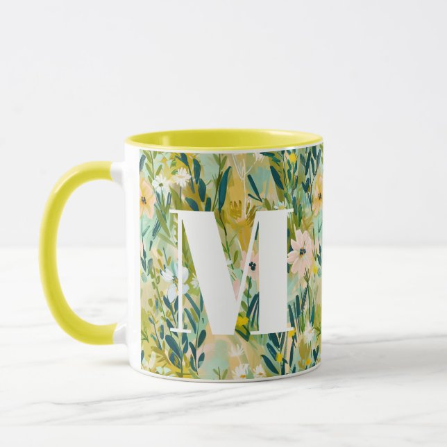 Mug Painterly Green Flower Watercolor Pattern Monogram (Gauche)