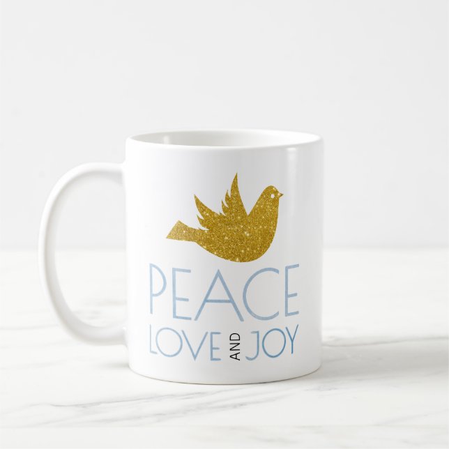 Mug Paix, Amour, Joie aquarelle, colombe dorée Noël (Gauche)